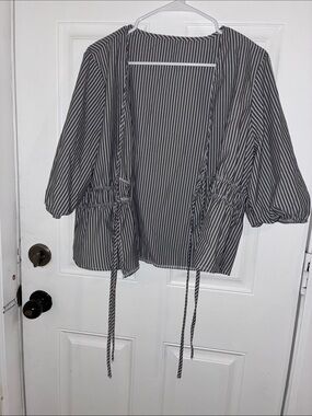Striped Open-Front Drawstring Tunic Top in Black and White
